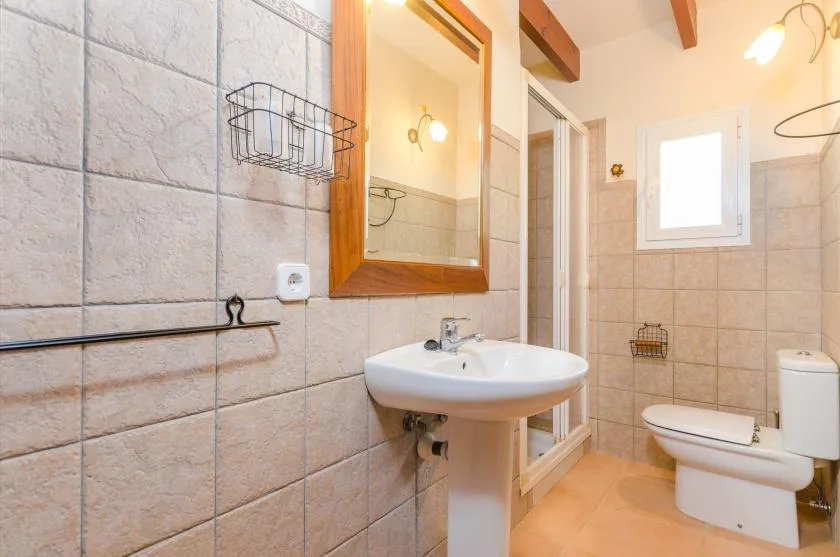 Un baño con azulejos, lavabo, espejo, ducha e inodoro.