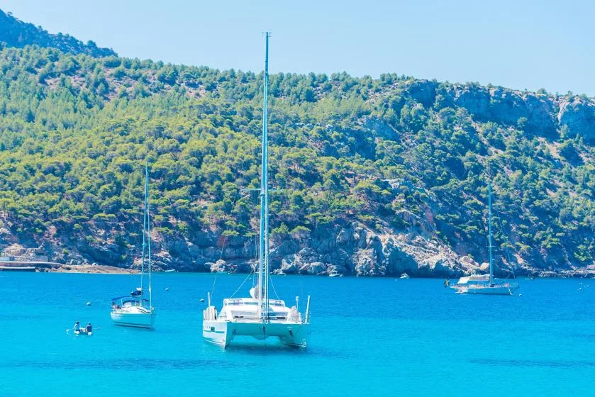 Veleros flotan en una bahía azul brillante bajo colinas boscosas.