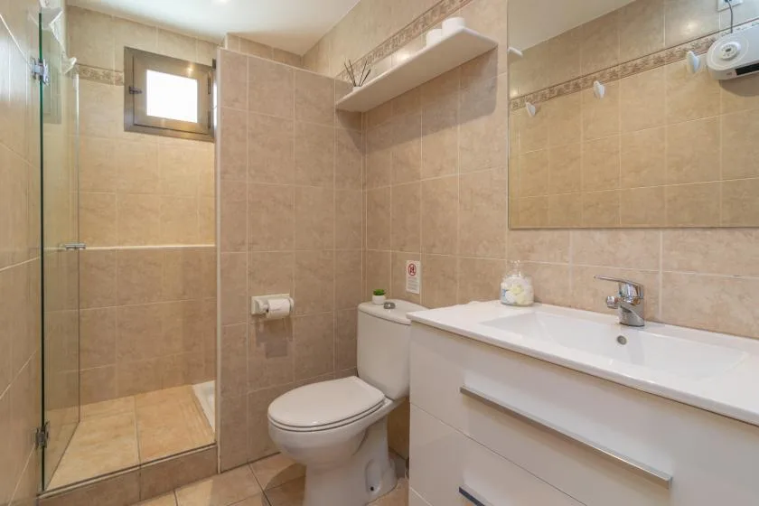 Un baño con azulejos, ducha de vidrio, inodoro y un mueble largo con lavabo.