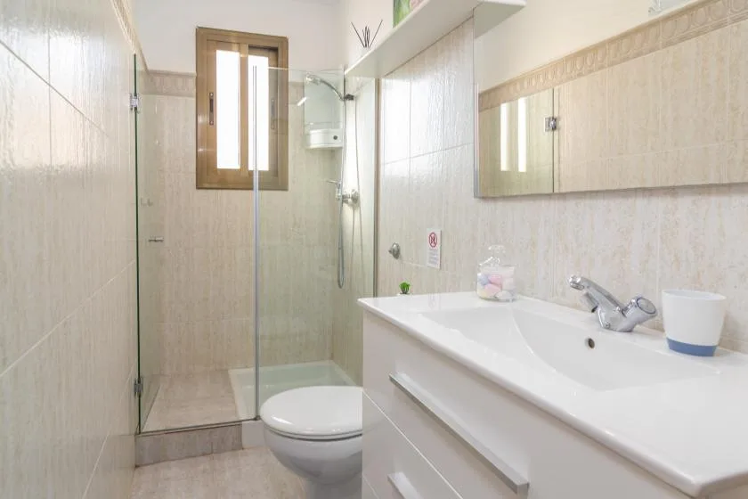 Un baño luminoso con ducha, inodoro y una larga encimera blanca con lavabo.