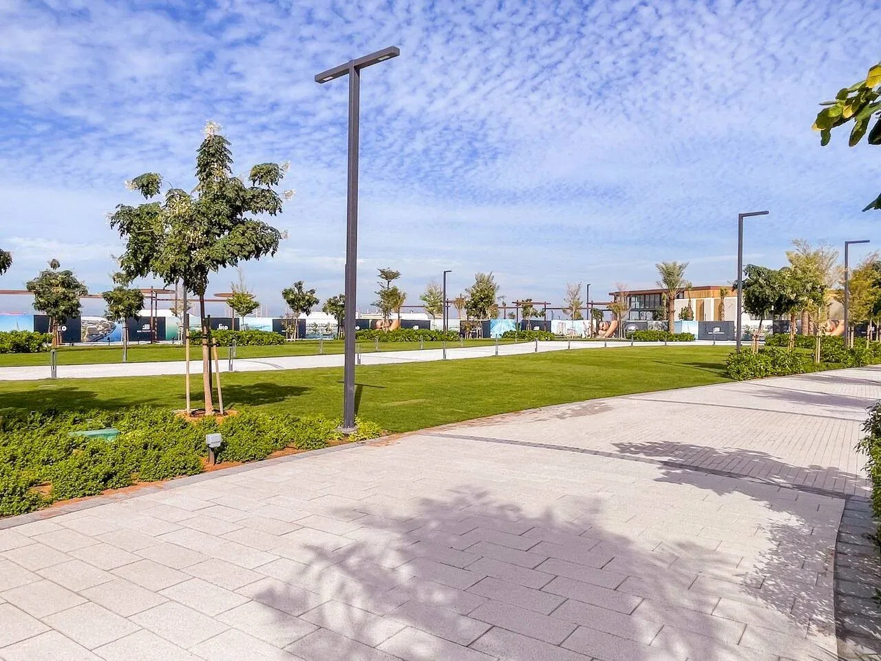 Un parque ajardinado con un camino pavimentado, árboles jóvenes y postes de luz modernos.