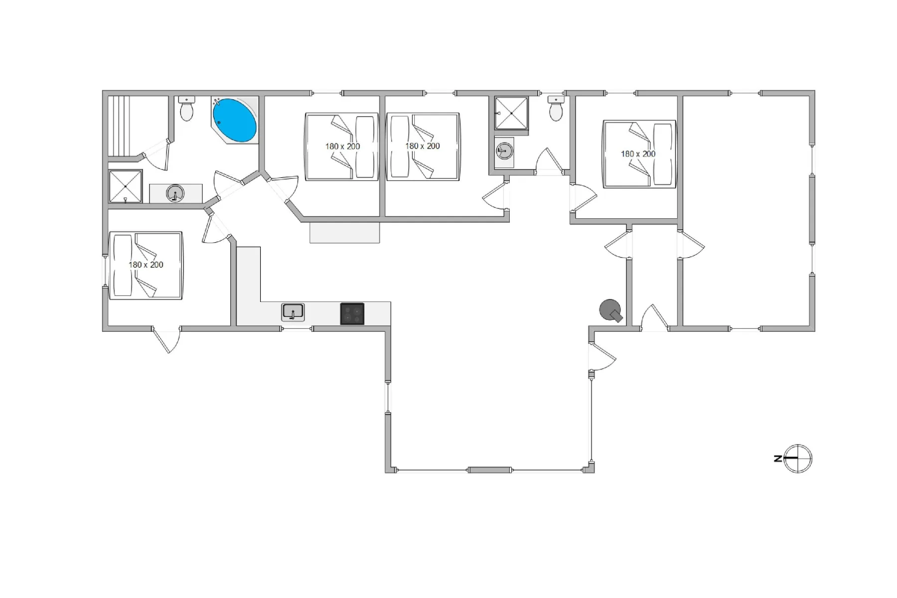 Un plano muestra varias habitaciones distribuidas alrededor de un pasillo central.