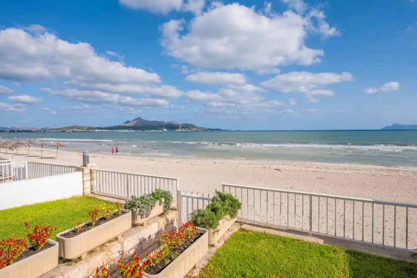 A beachfront lawn and flower planters overlook a sandy beach and the sea.