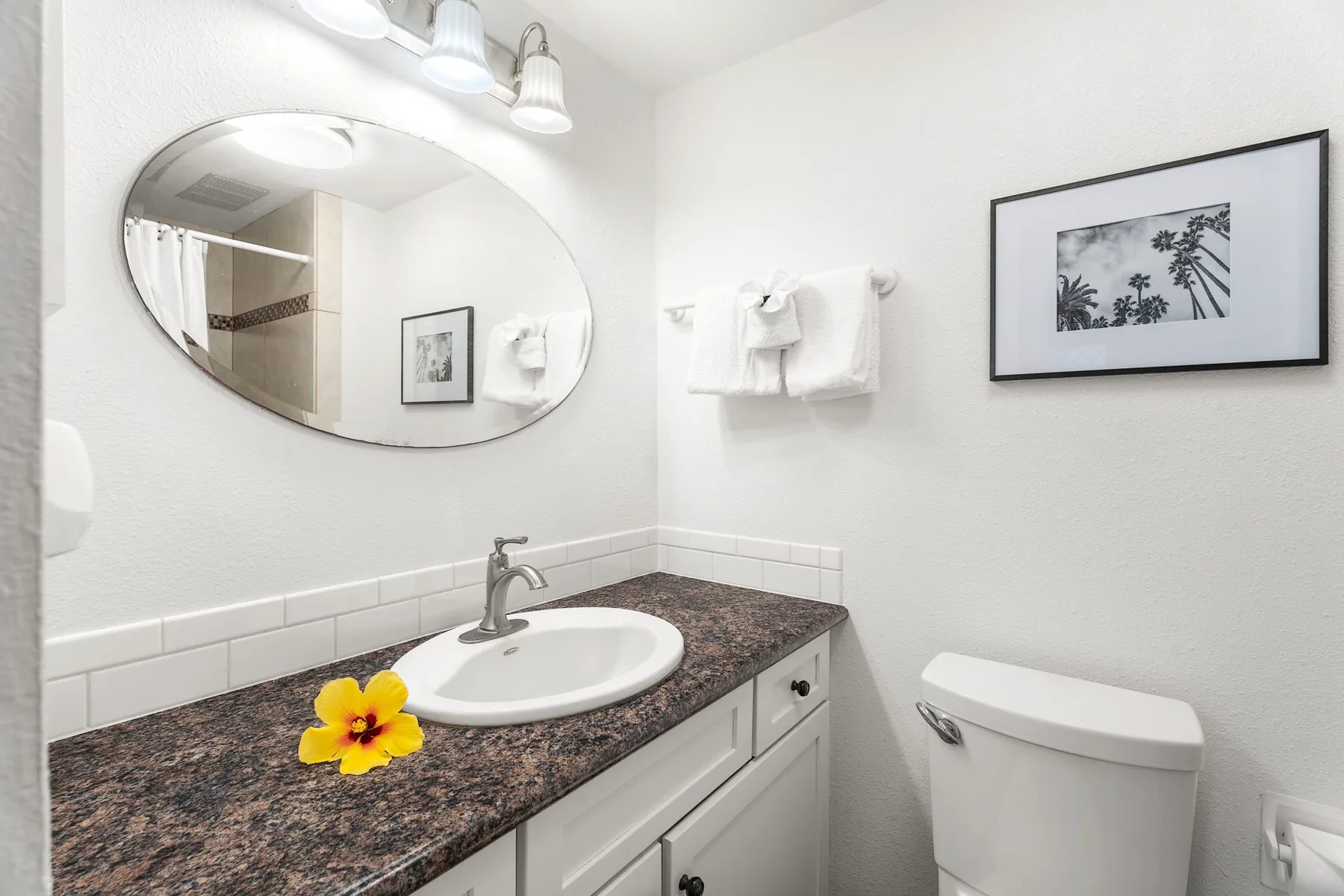 Un baño luminoso con lavabo, espejo ovalado y un cuadro enmarcado.