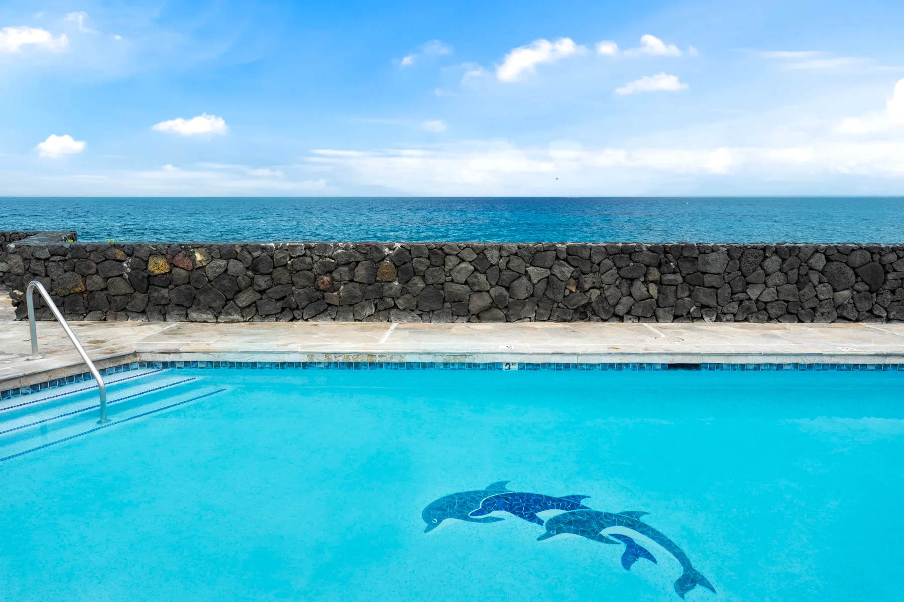 Una piscina da al océano y tiene un diseño de delfín en el fondo.