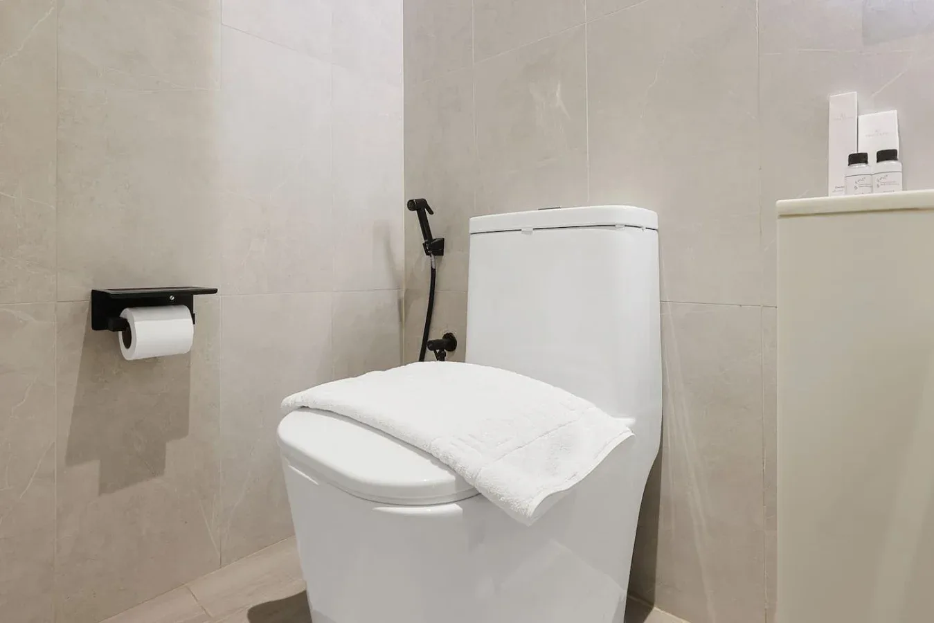 Un baño alicatado con un inodoro y una ducha de mano higiénica.