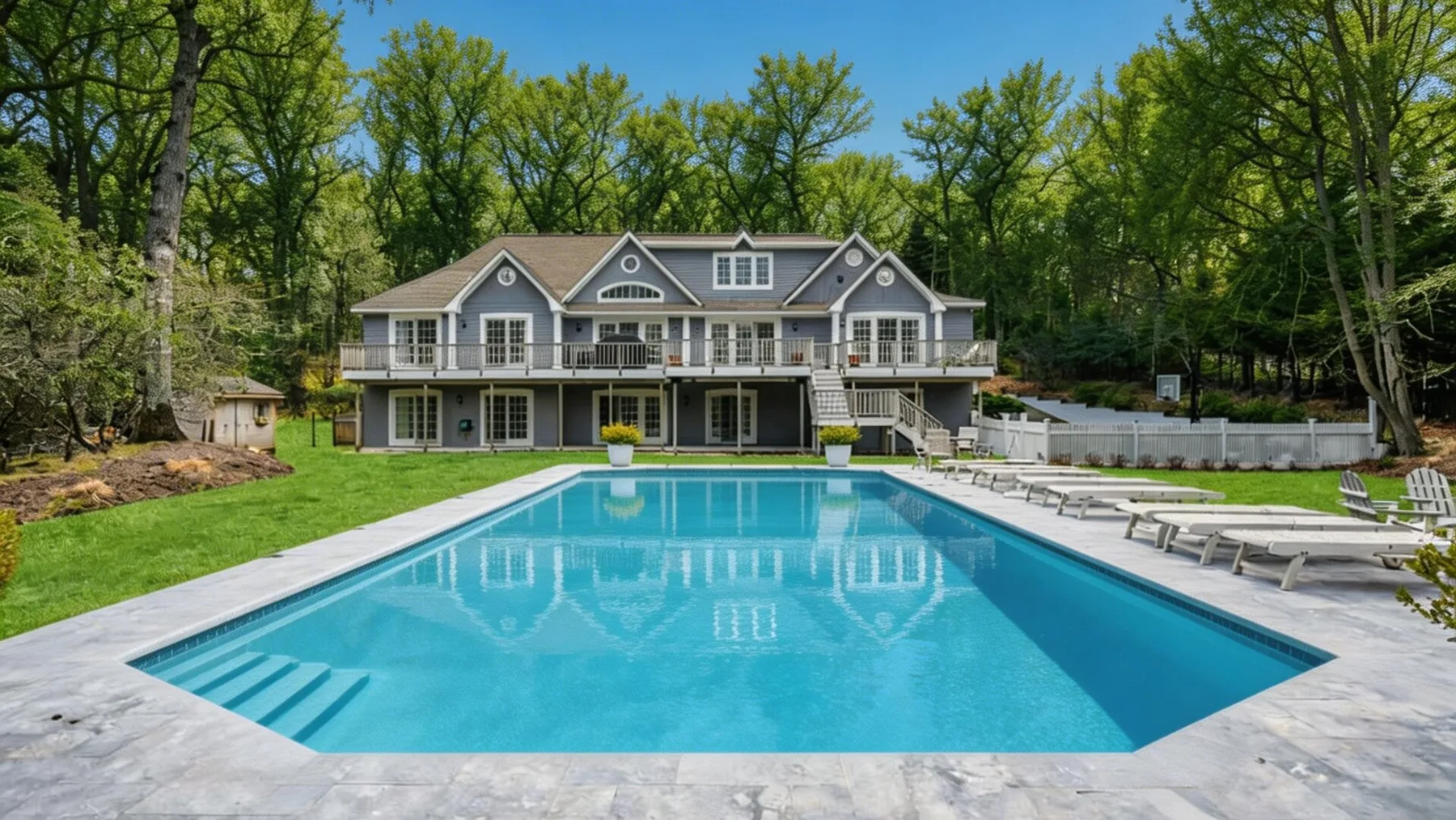 An outdoor swimming pool sits in front of a large house surrounded by trees.