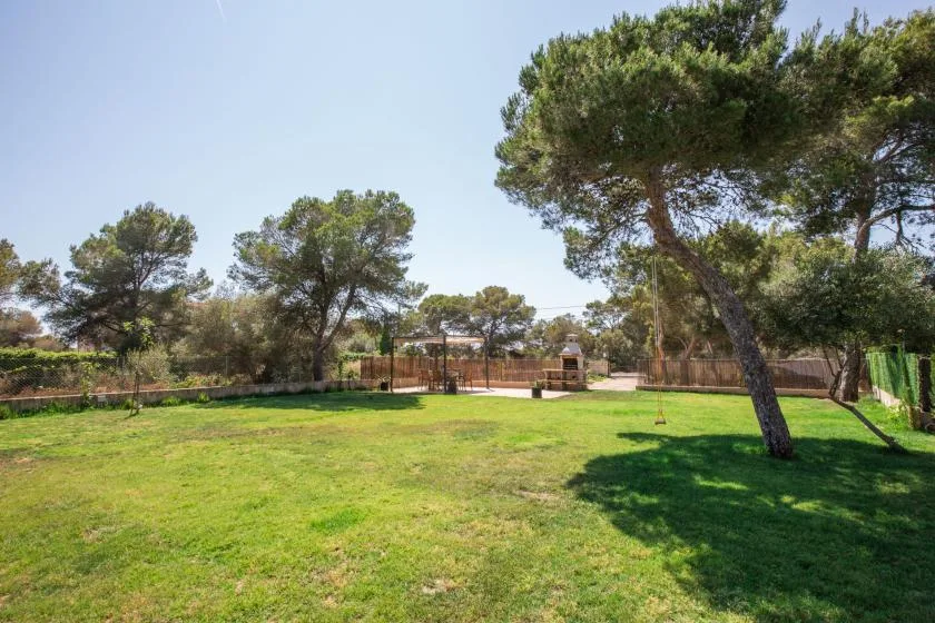 A grassy outdoor yard with mature trees and a fenced play area.