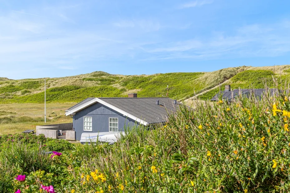 A house sits among flowering plants with grassy hills in the background.