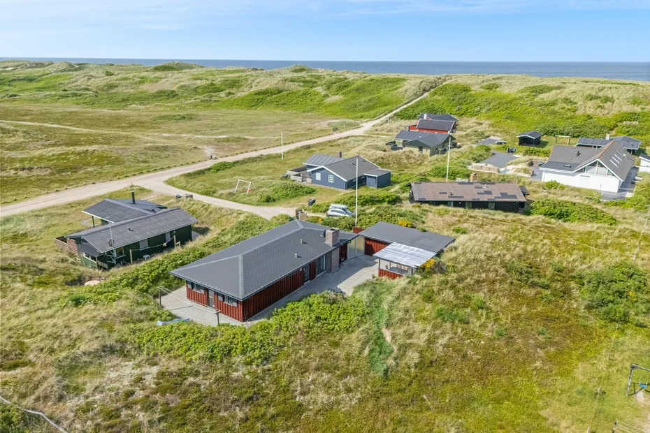 Aerial view of several houses scattered across grassy coastal dunes.