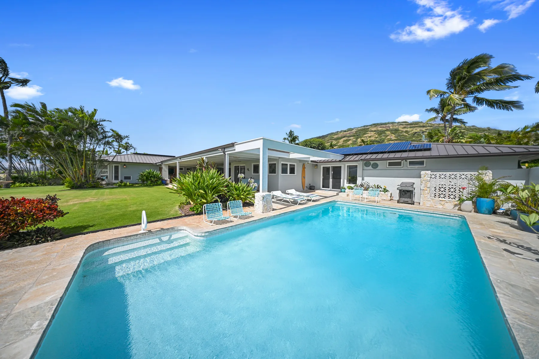 A swimming pool beside a single-story house, with palm trees and landscaped grounds.