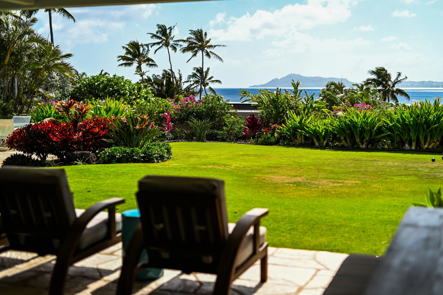 A garden lawn with tropical plants and palm trees overlooking the ocean.