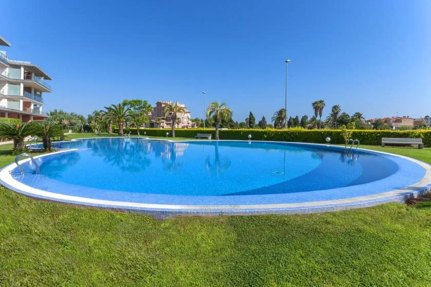 A large outdoor swimming pool is surrounded by grass, palm trees, and landscaped grounds.