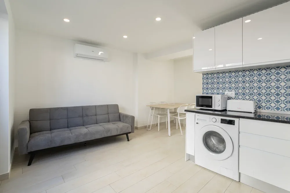 A bright open-plan room combines seating with a compact kitchen and dining area.