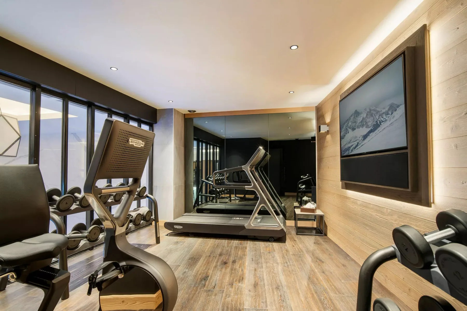 Un gimnasio con máquinas de ejercicio y un paisaje enmarcado en la pared.