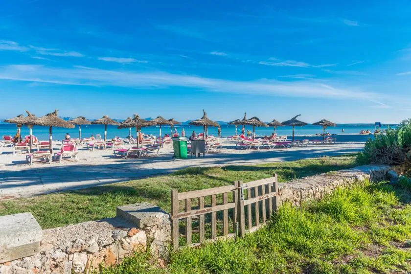 A beach with rows of sun loungers and parasols beside the sea.