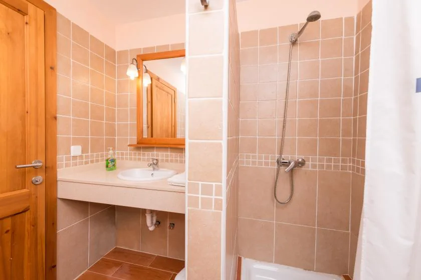 A tiled bathroom with a sink and mirror beside a shower.