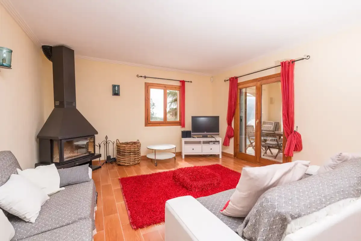 Living room with seating, a fireplace, and a red rug.