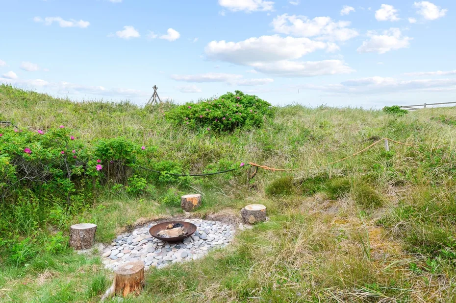 An outdoor fire pit sits among grassy dunes and flowering shrubs.