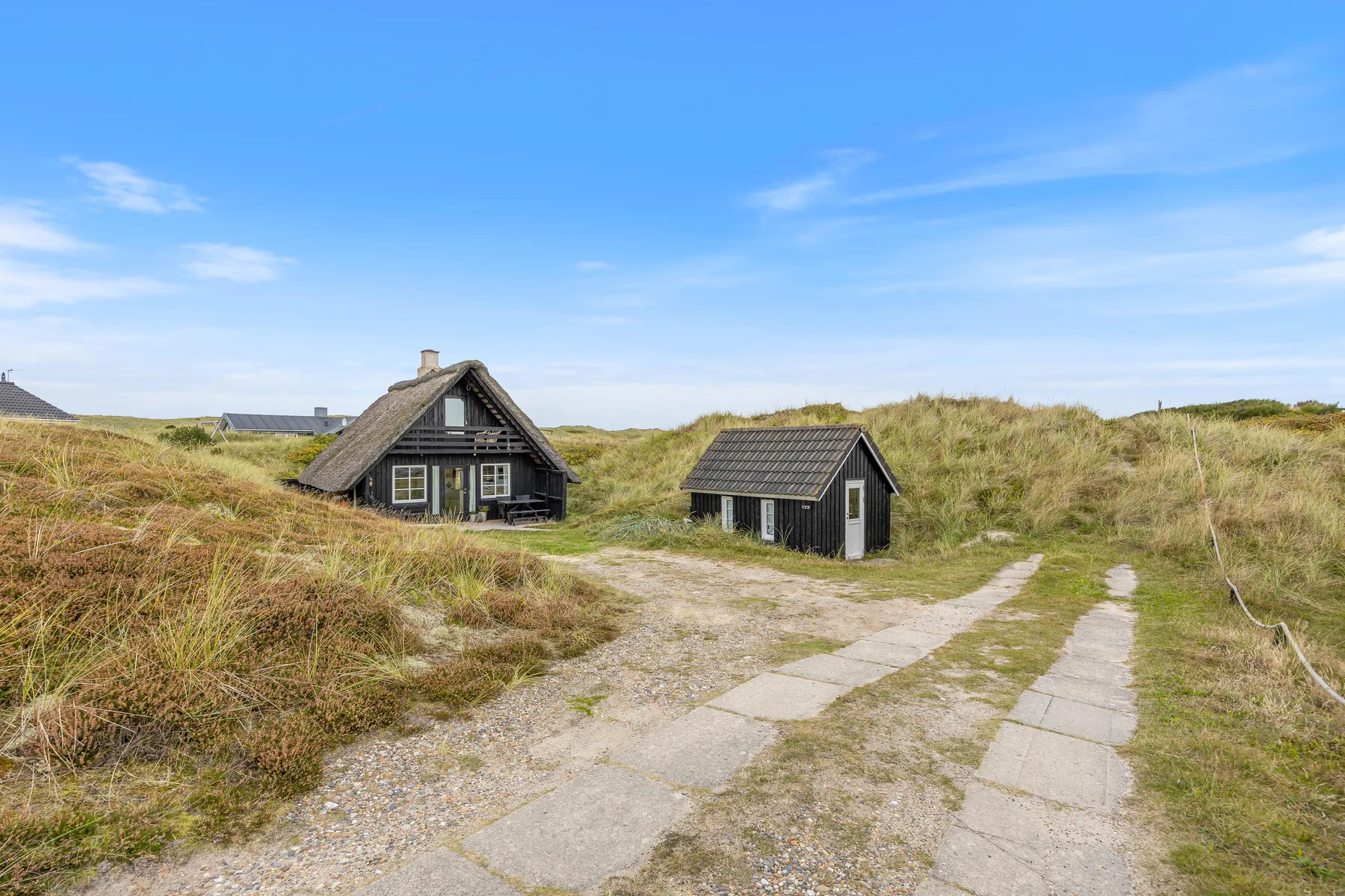 A thatched cottage and small outbuilding sit among grassy dunes beside a paved path.