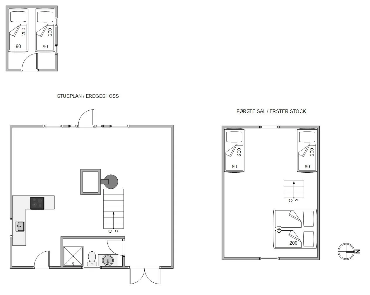 Floor plan showing two apartment levels with sleeping areas and a kitchen.