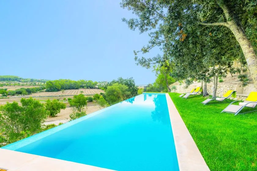 An outdoor swimming pool overlooks green fields, with lounge seating beneath trees.
