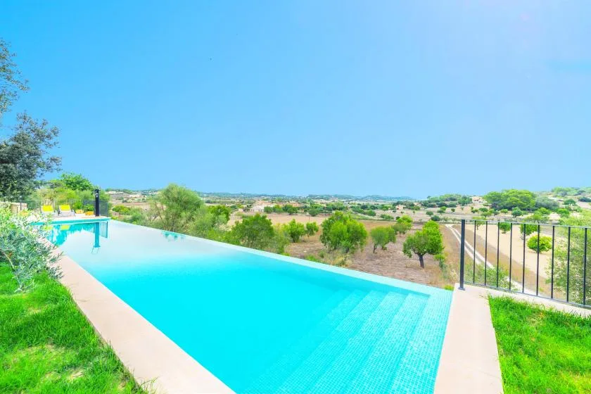 An outdoor swimming pool overlooks a green, open landscape.