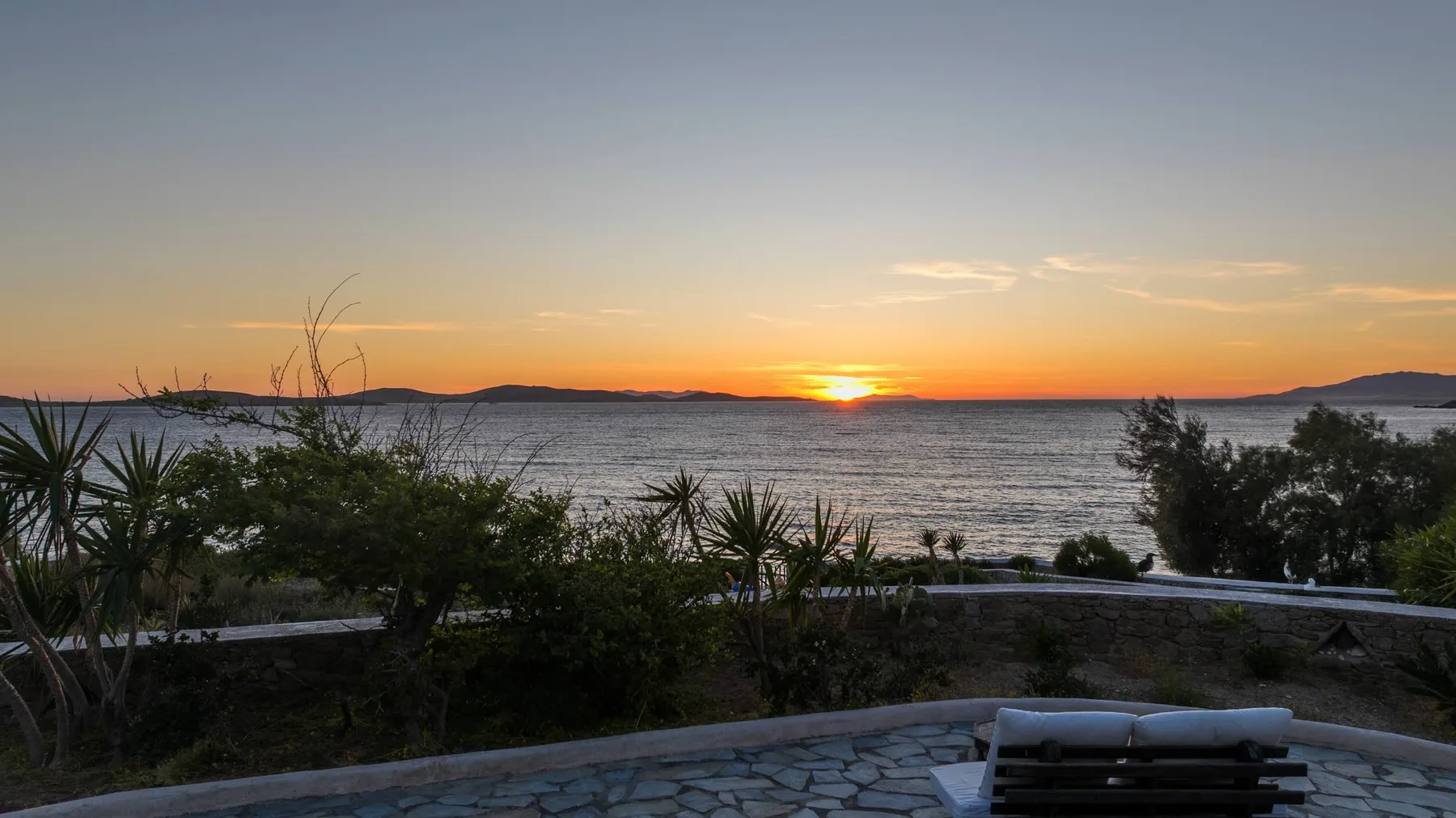 A terrace overlooks the sea at sunset, with plants along the edge.
