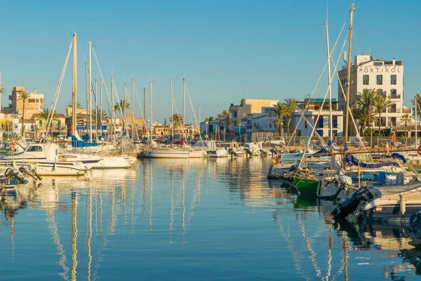 A marina lined with sailboats sits beside low waterfront buildings.