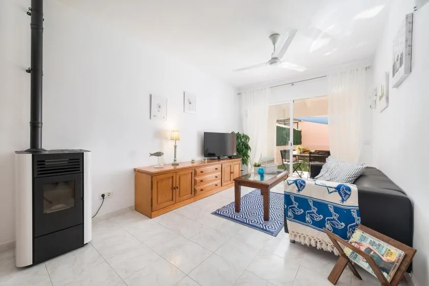A bright living room with seating, a television, and a wood-burning stove.
