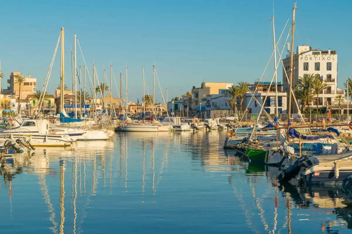 A marina with sailboats moored along both sides of a calm waterfront.
