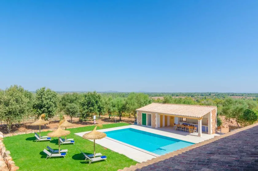 Una piscina al aire libre junto a una zona de estar cubierta y un césped verde.