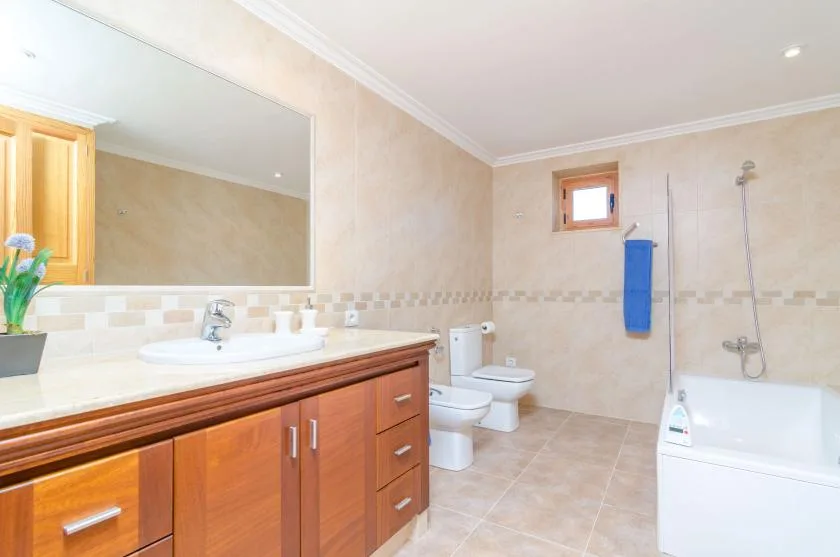 Un baño luminoso con un tocador largo, un inodoro y una bañera.