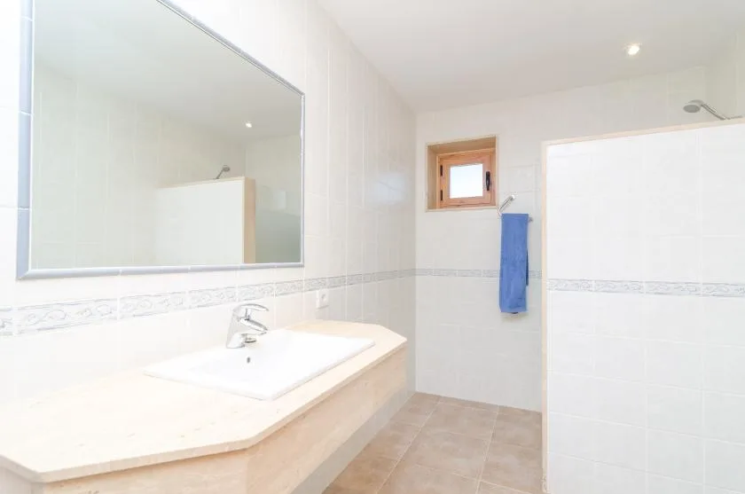 Un baño luminoso con un espejo grande, lavabo y ducha.