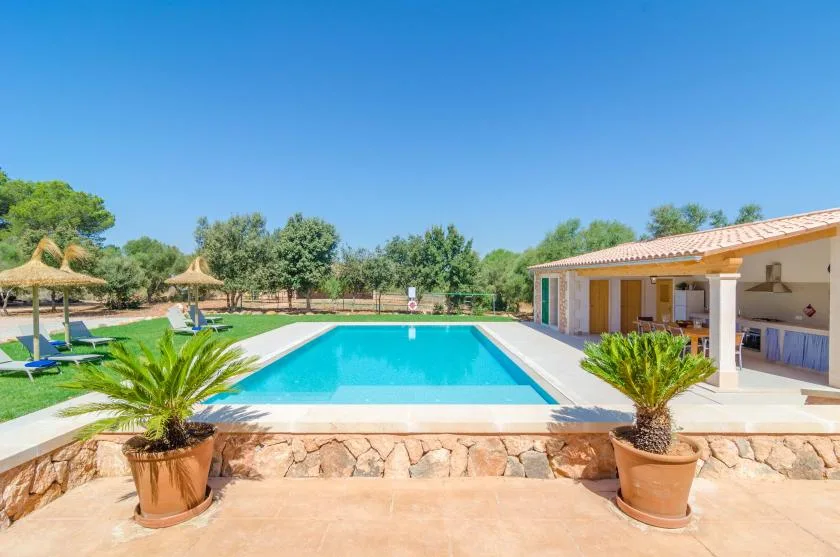 Una piscina al aire libre está junto a un patio cubierto y jardines.