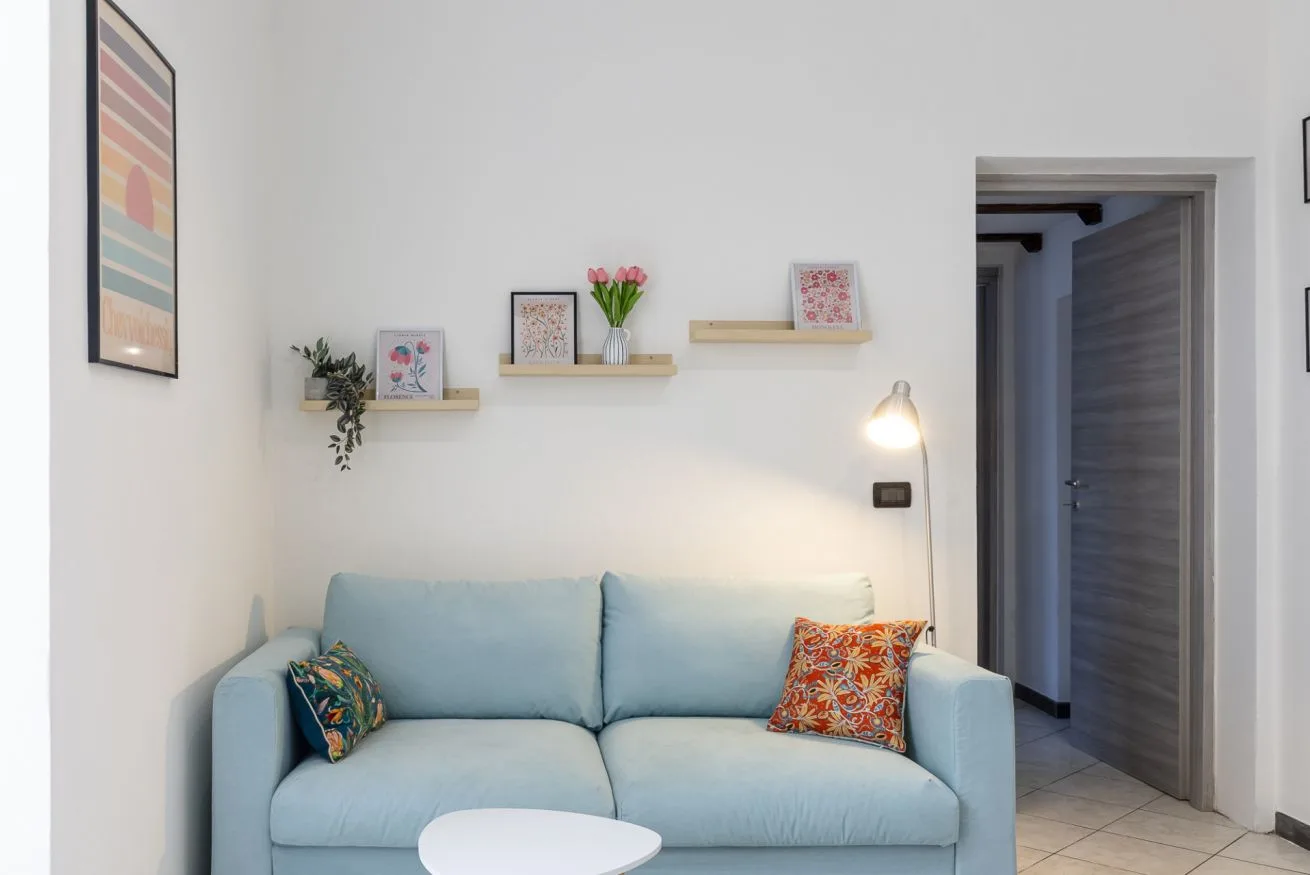 A light blue sofa sits beneath two small wall shelves in a bright living room.