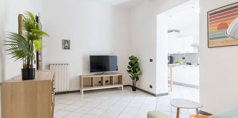 A bright living room opens into a white kitchen, with a television and plants.