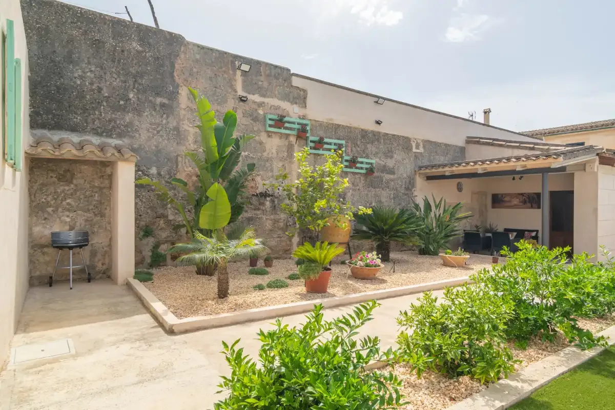 A sunny courtyard garden features planted beds and a shaded seating area.