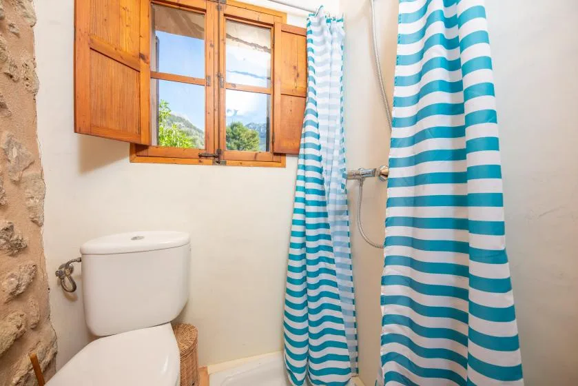 A bathroom with a toilet, shower curtain, and wooden window.