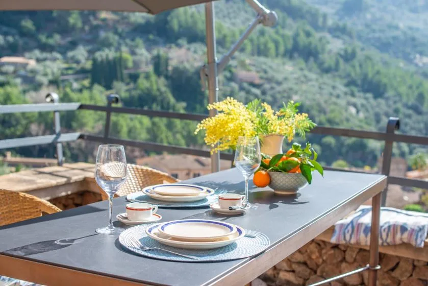 An outdoor dining table is set with plates, glasses, and a bowl of fruit.