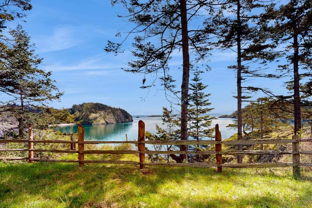 A grassy coastal overlook with a wooden fence and trees framing the water.
