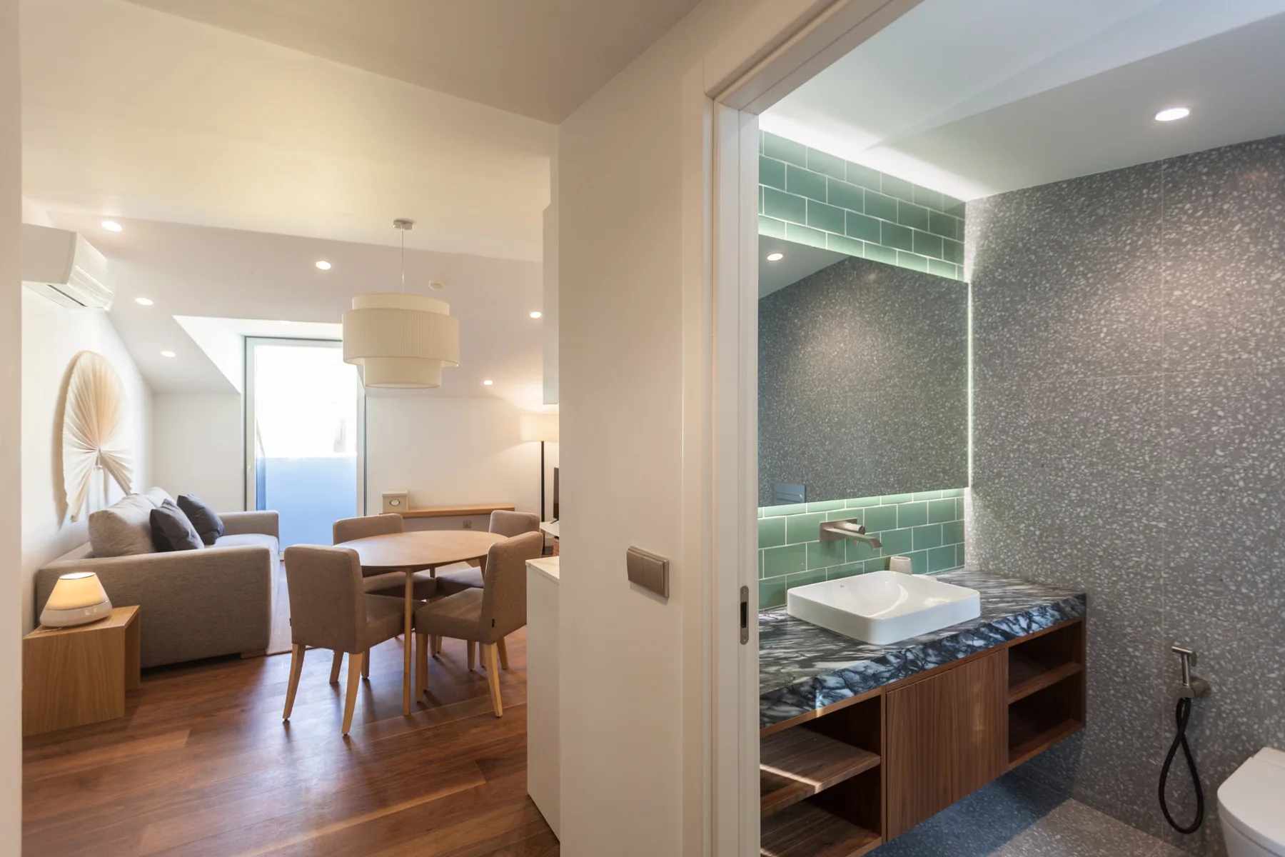 An open-plan living and dining area sits beside a bathroom with a sink and shower.