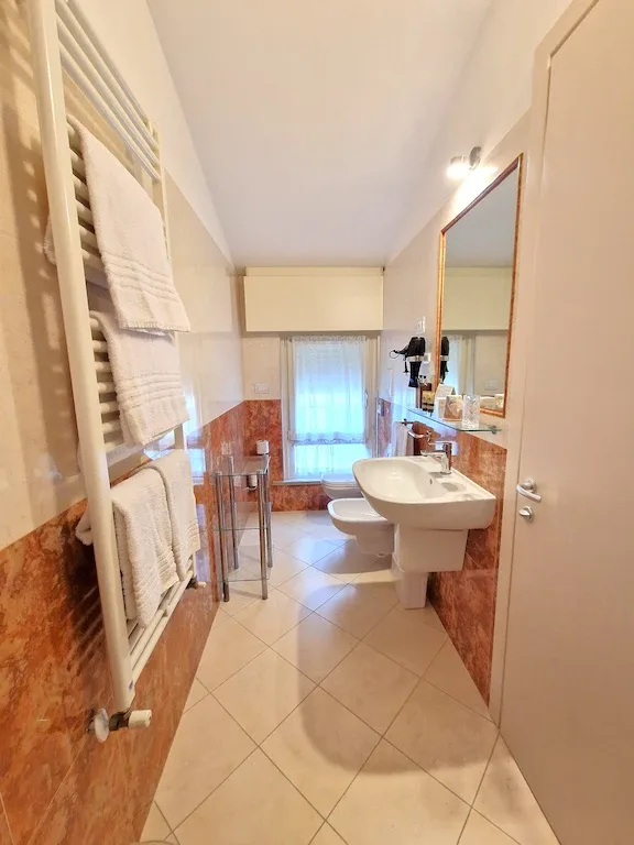 Baño de la habitación con lavabo y toallas