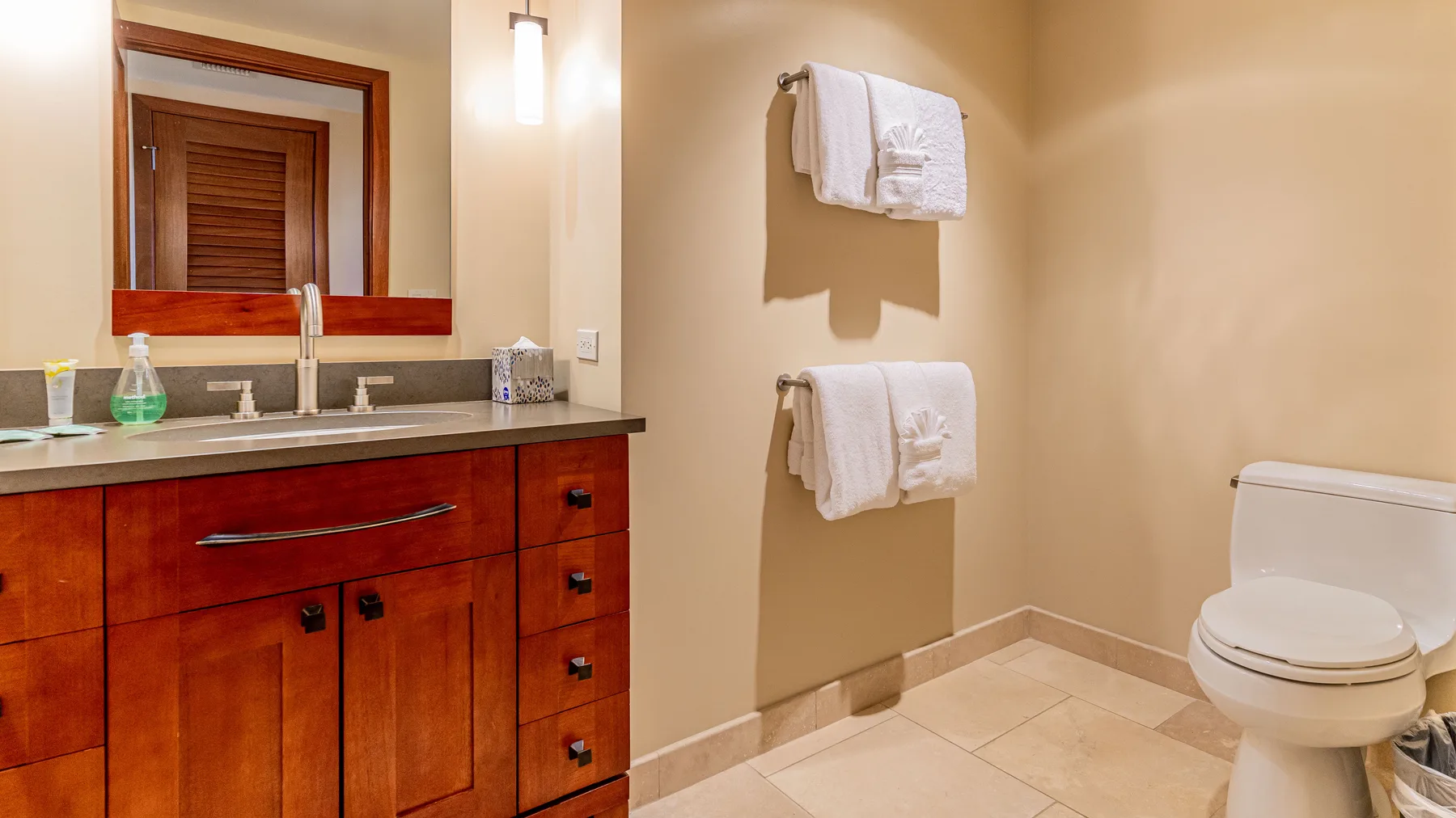 Un lavabo de baño y un inodoro están junto a dos toalleros de pared.