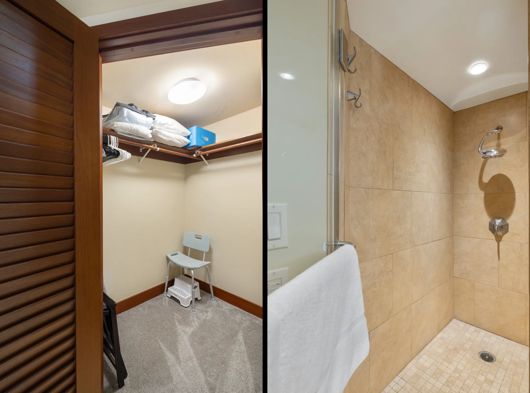 A walk-in closet with hanging shelves beside a tiled shower.
