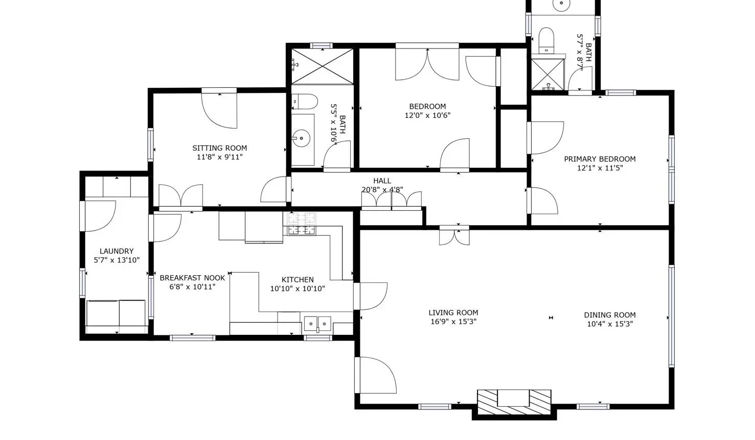 Un plano de vivienda muestra dormitorios, una cocina y una sala de estar y comedor.