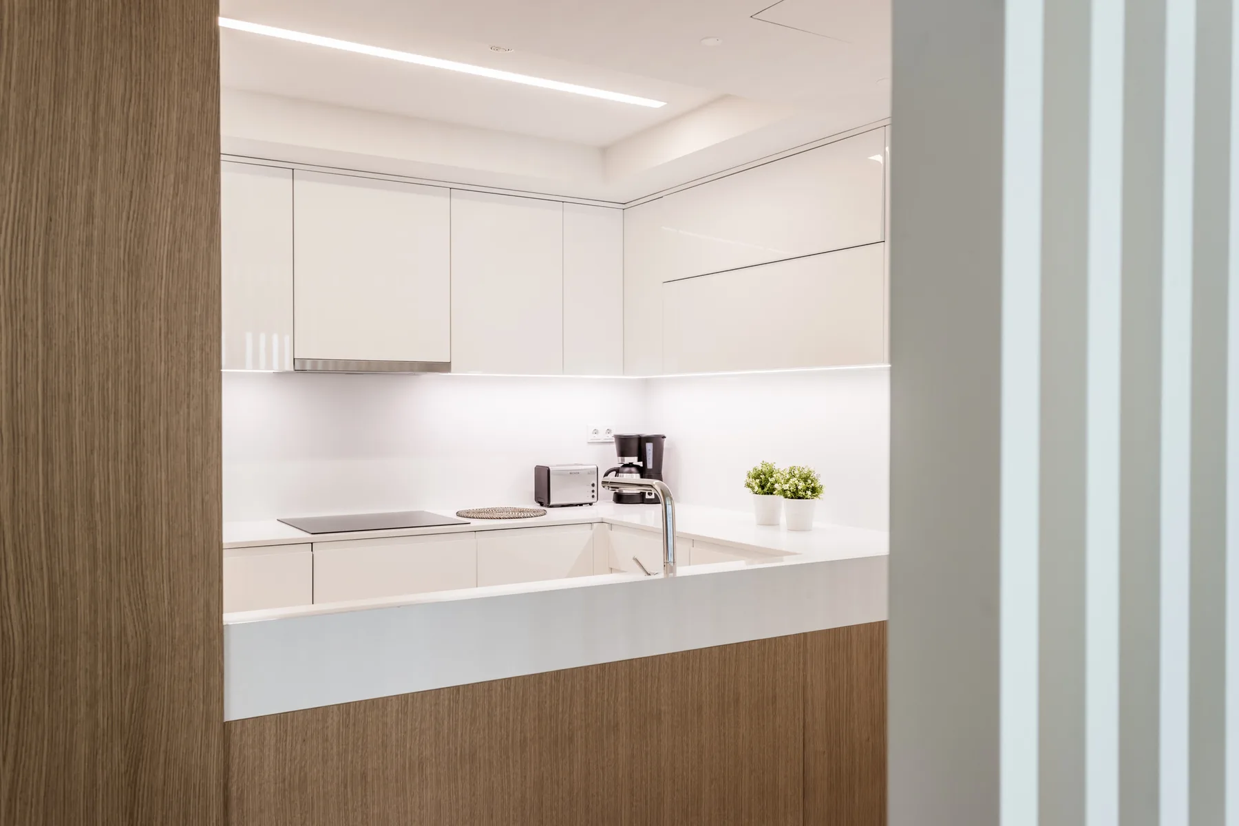 A bright modern kitchen with white cabinets and a countertop.