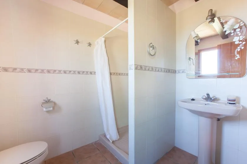 Un baño con ducha, lavabo y espejo.