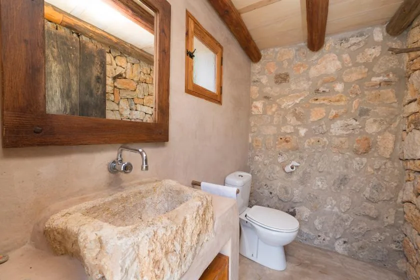 A rustic bathroom with a stone sink and toilet beside a stone wall.