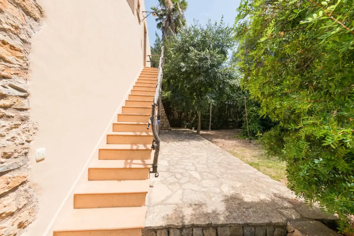 An outdoor stone path runs beside a staircase and leafy trees.